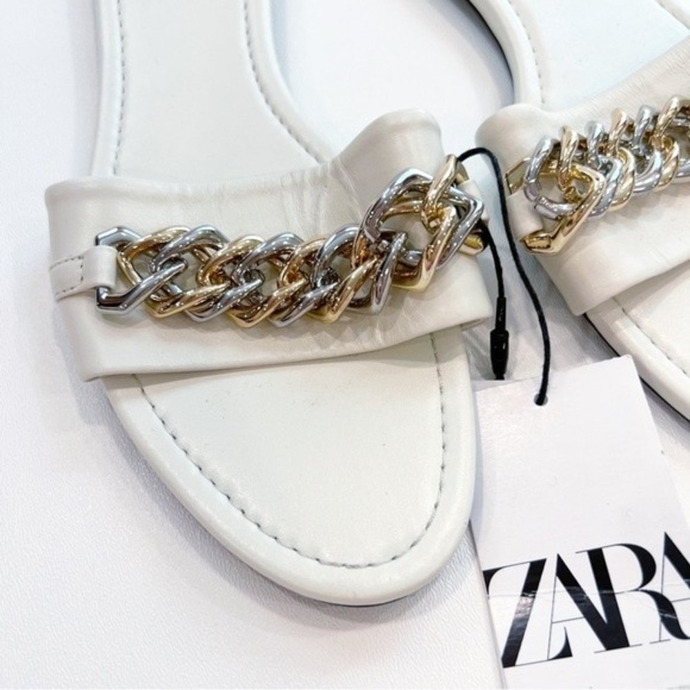 ZARA Flat Leather Slide Sandals with Gold/Silver Chain Size 40 NEW NWT - Picture 4 of 7